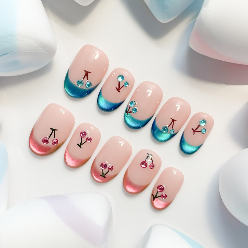 short length turquoise oval press on nails with two colour and cherries