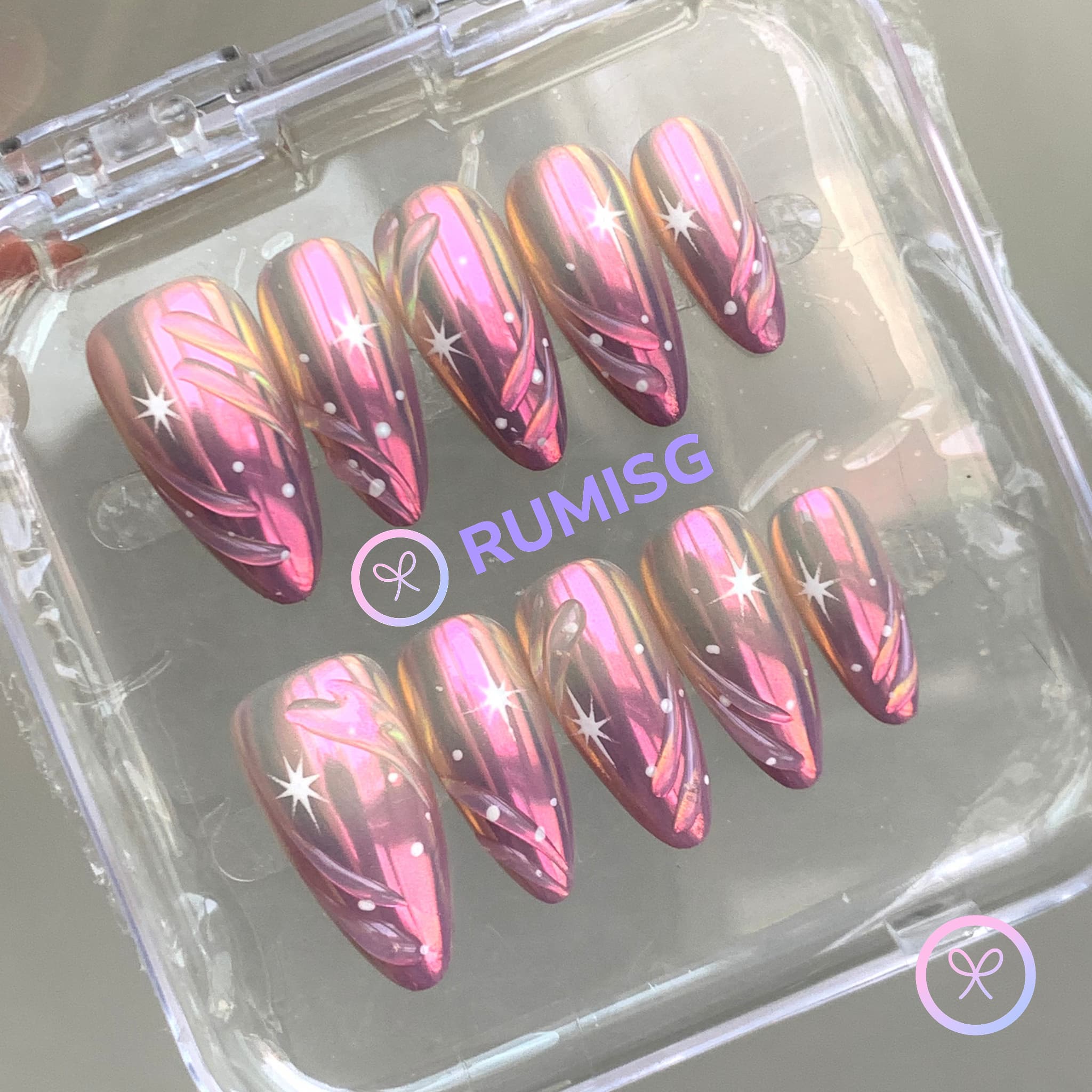 elegant purple iridescent medium almond press on nails with stars and swirls