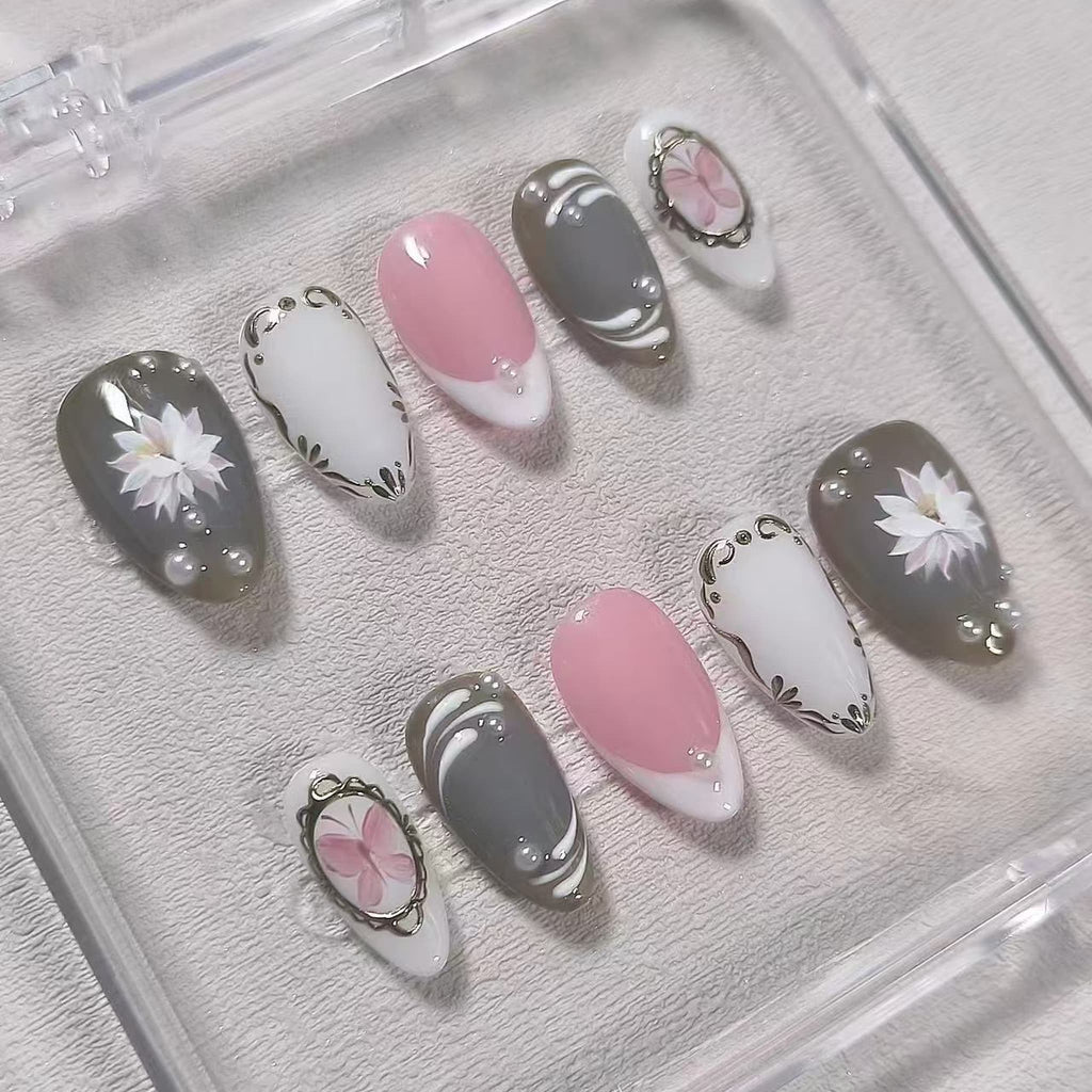elegant white glossy short almond press on nails with lotus flower