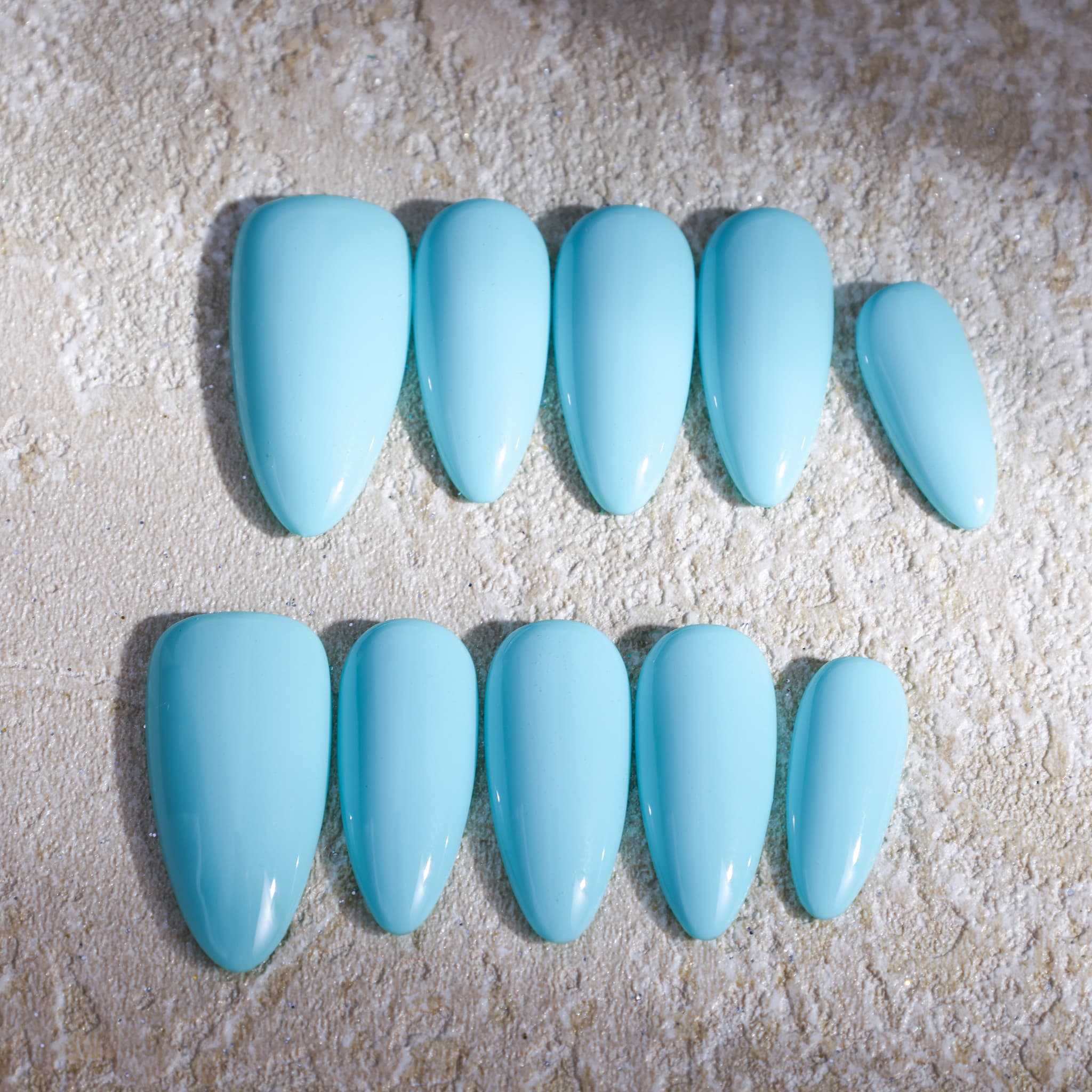 medium length macaron blue almond press on nails solid colour nails