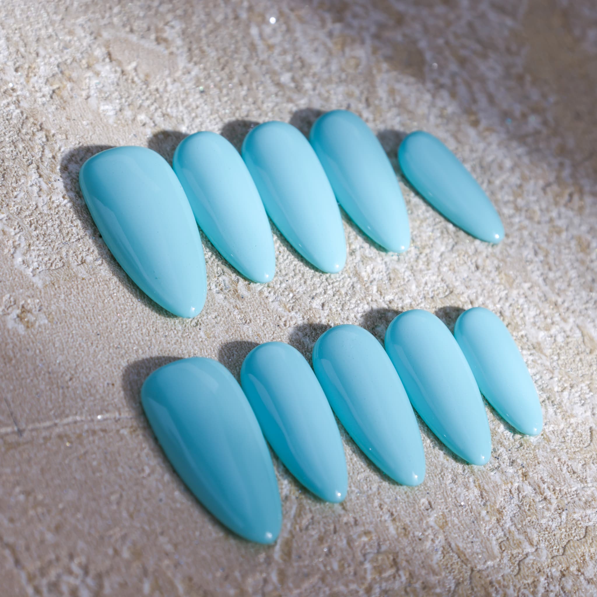 medium length macaron blue almond press on nails solid colour nails