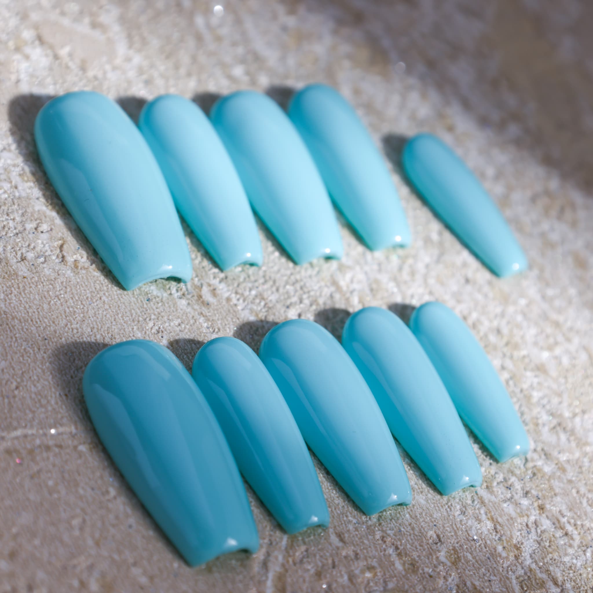 medium length macaron blue coffin press on nails solid colour nails