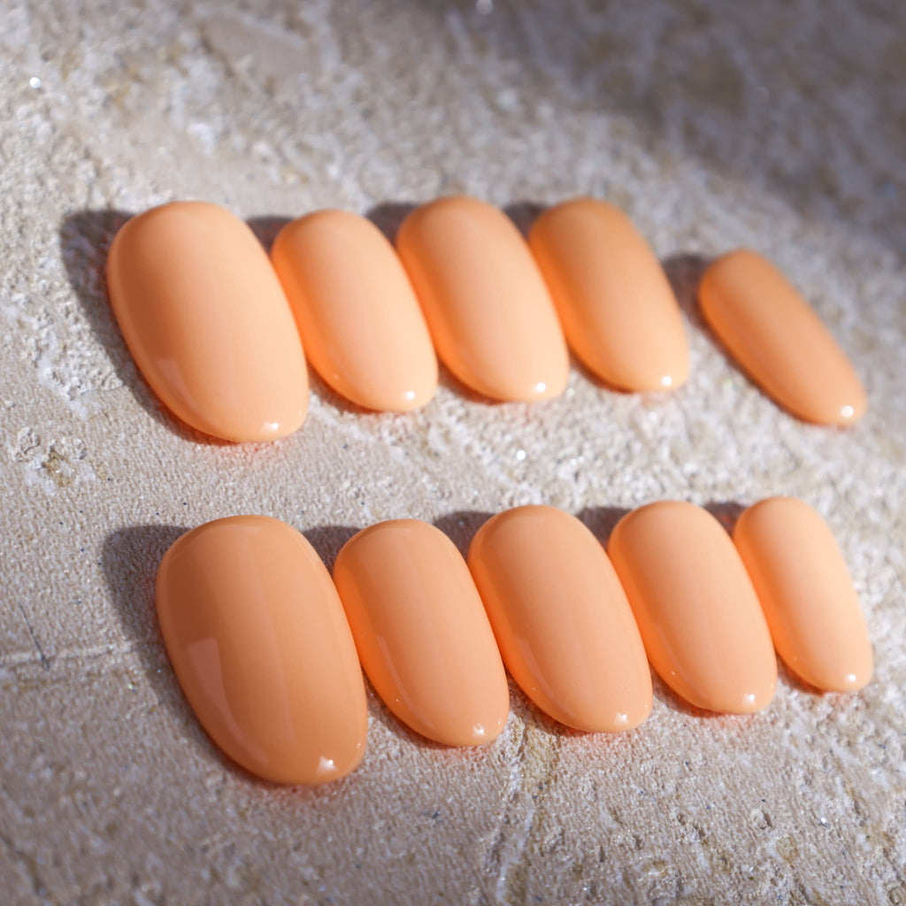 short length macaron orange oval press on nails solid colour nails