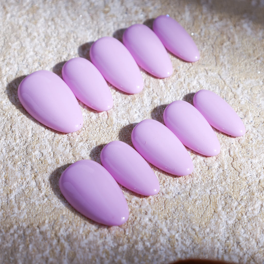 short length macaron purple almond press on nails solid colour design