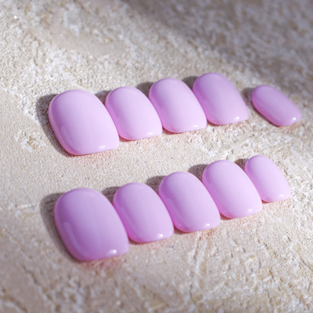short length macaron purple round press on nails solid colour design