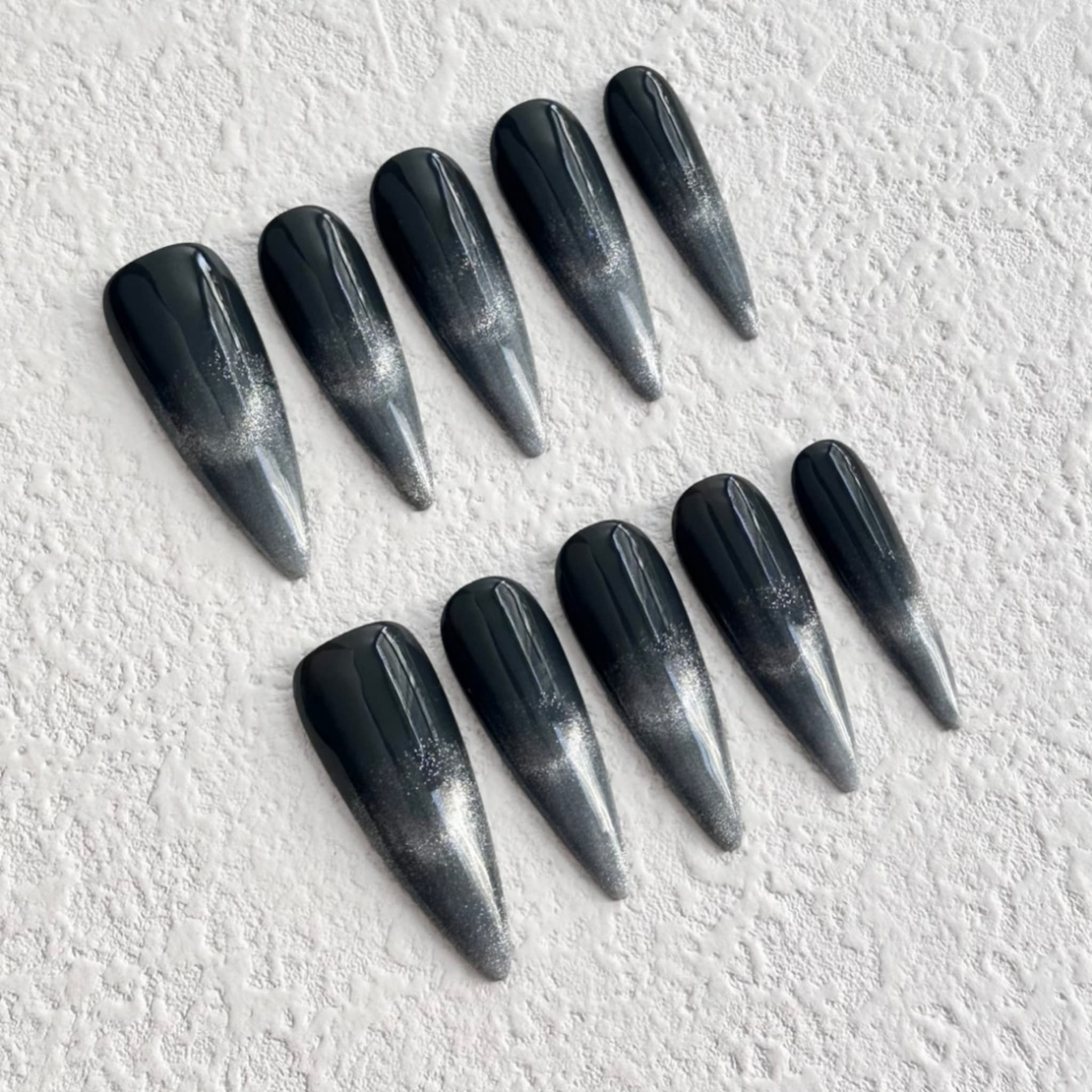 long length black stiletto press on nails with black to silver gradient