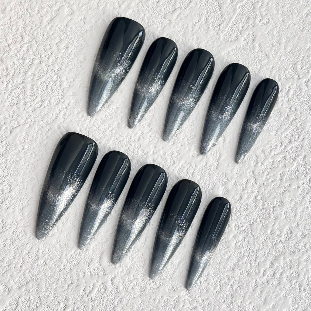long length black stiletto press on nails with black to silver gradient