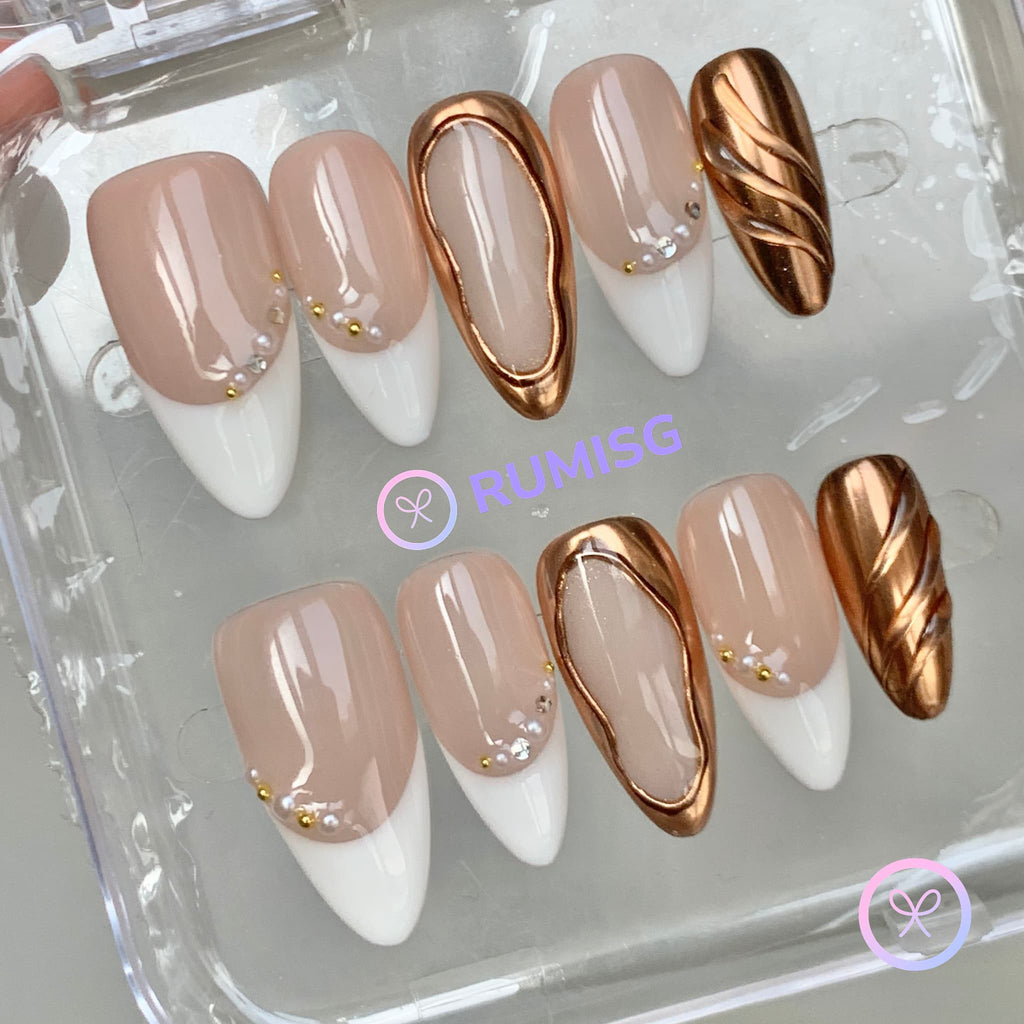 elegant nude glossy medium almond press on nails with rose gold chrome swirl and pearl