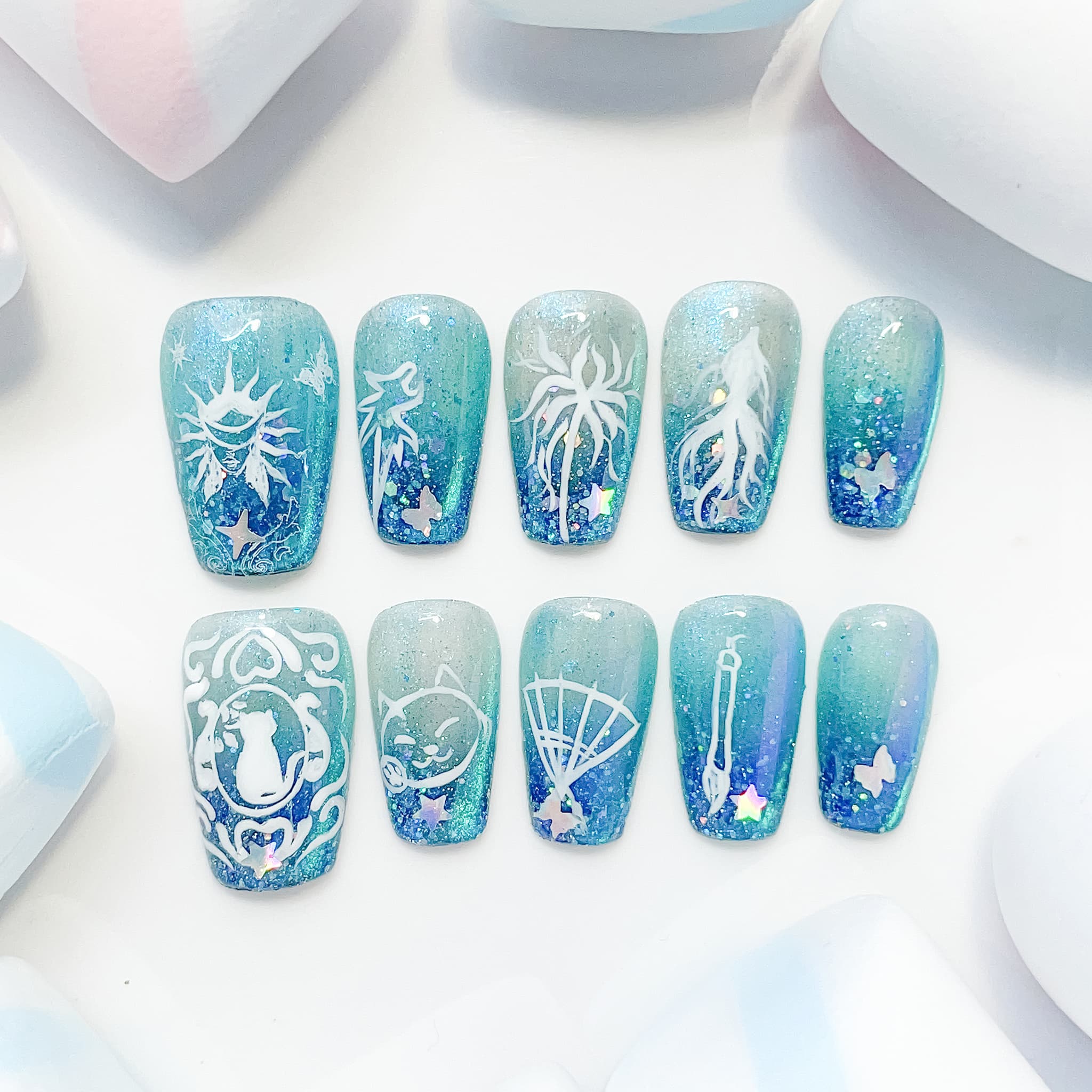 medium length teal coffin press on nails with game inspired designs