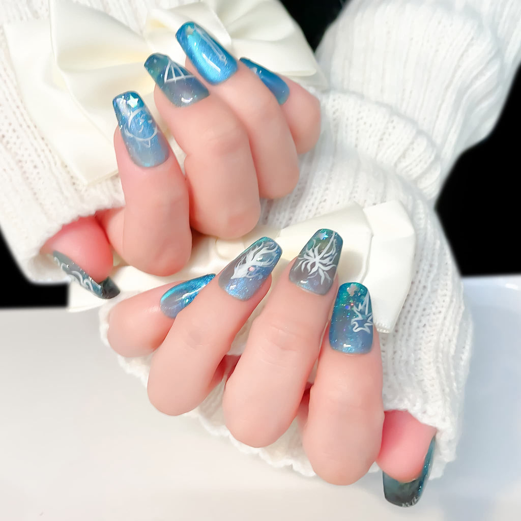 medium length teal coffin press on nails with game inspired designs