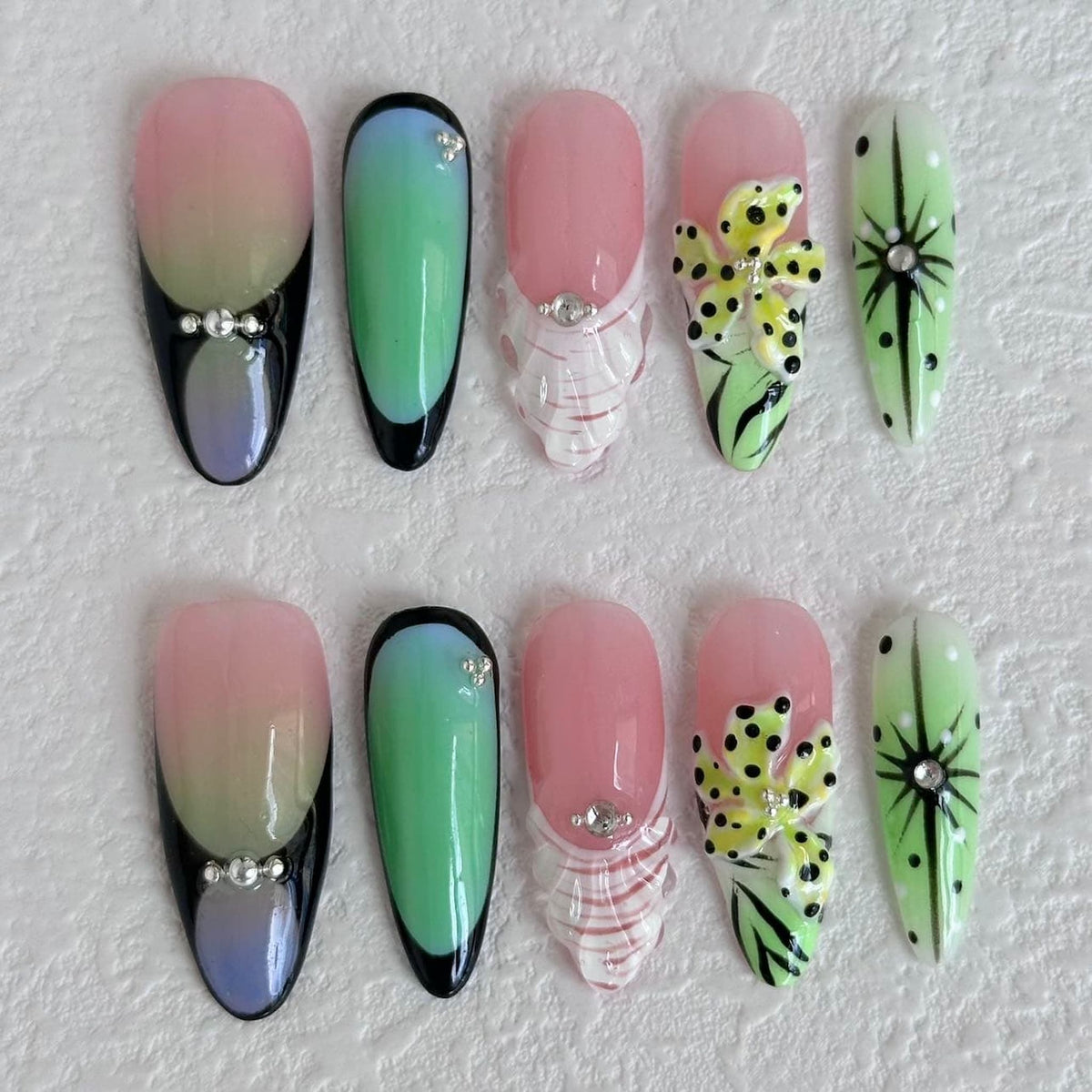 long lime almond press on nails with abstract art