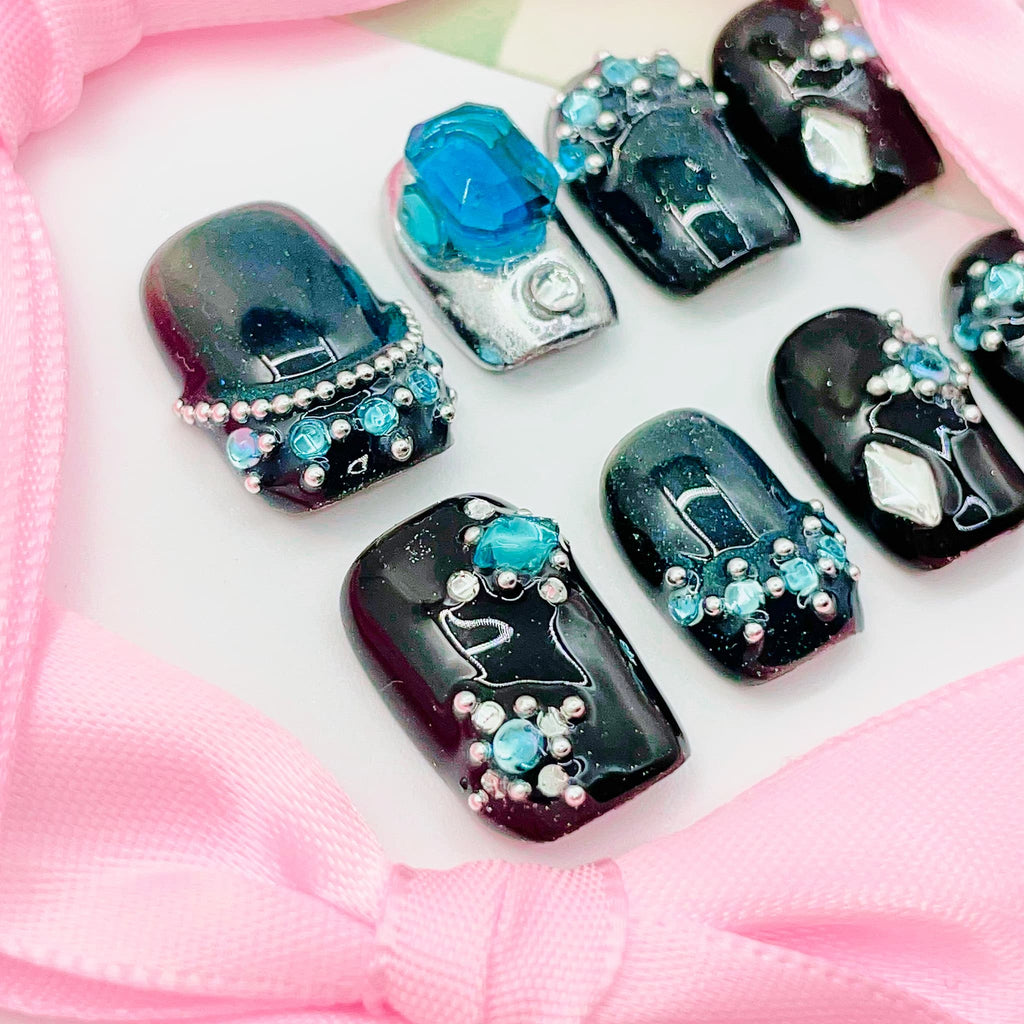 short length teal square press on nails with gemstone and beads