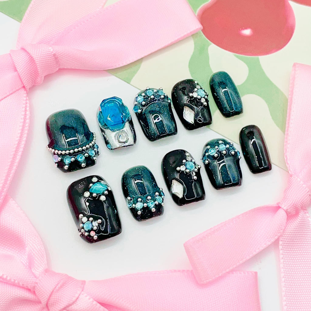 short length teal square press on nails with gemstone and beads
