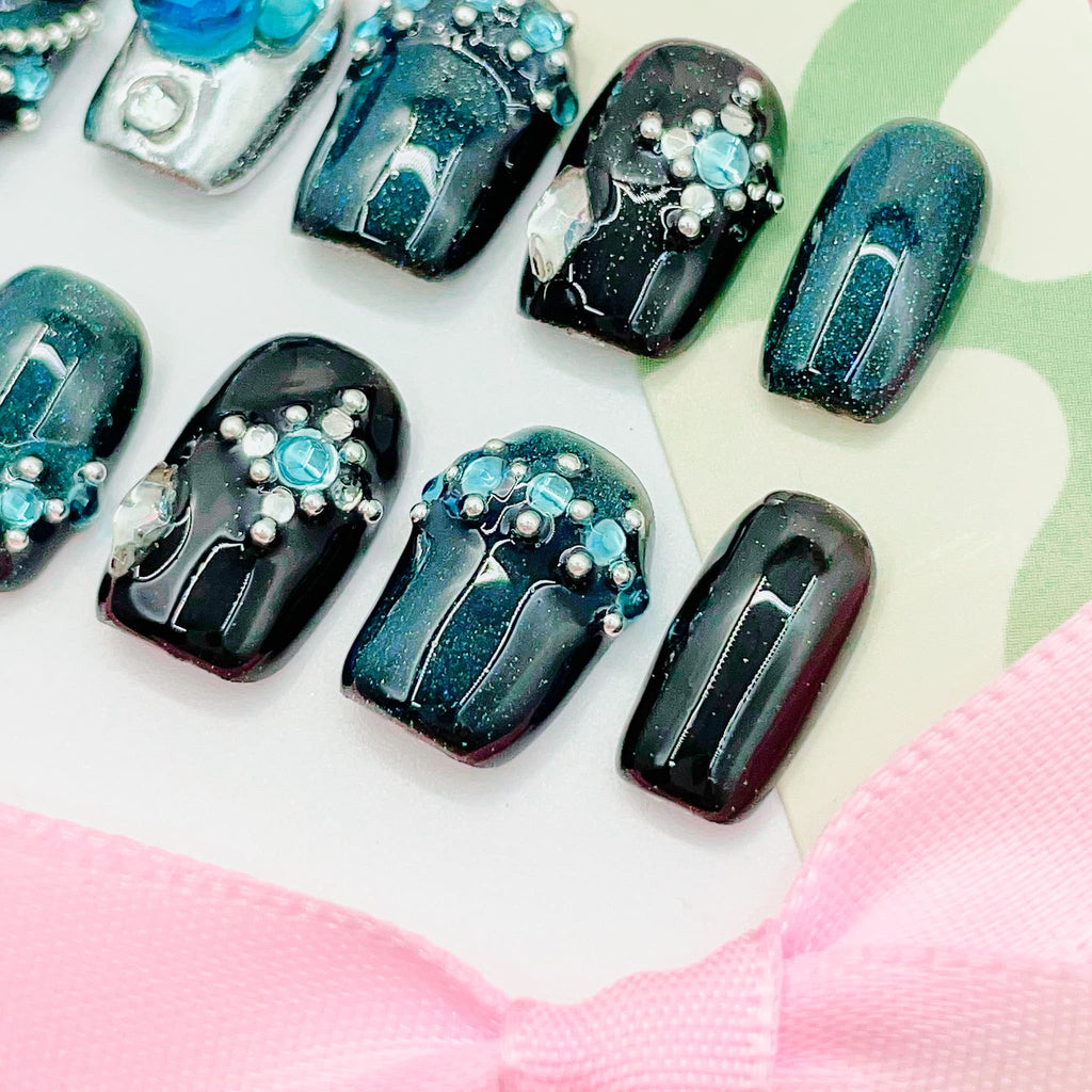 short length teal square press on nails with gemstone and beads