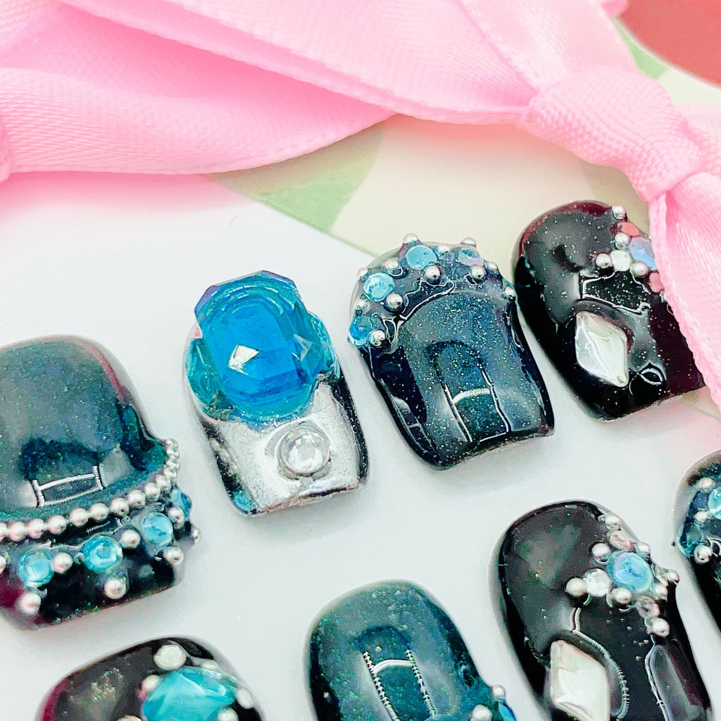 short length teal square press on nails with gemstone and beads