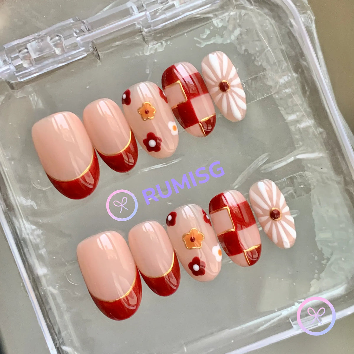 elegant red glossy short oval press on nails with daisy, flower and checkerboard
