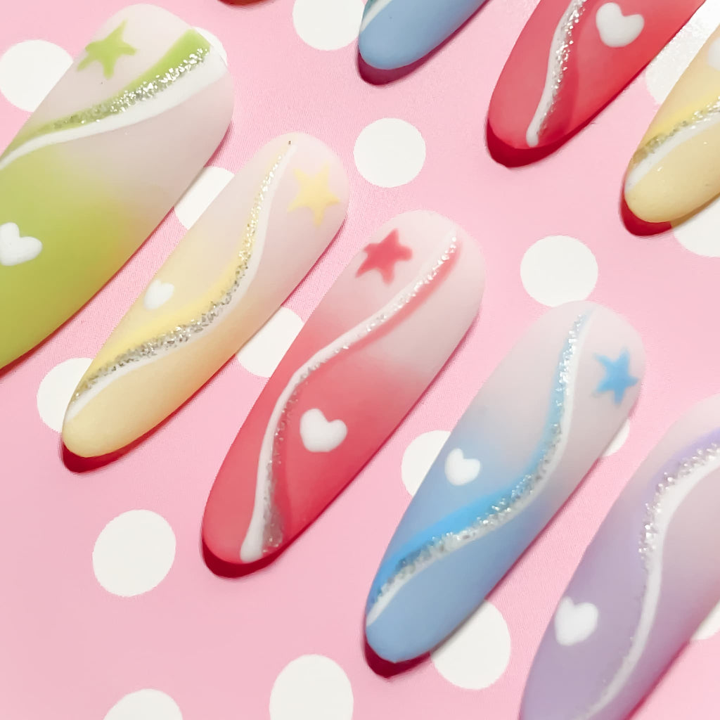 long length multicolour oval press on nails with macaron colours