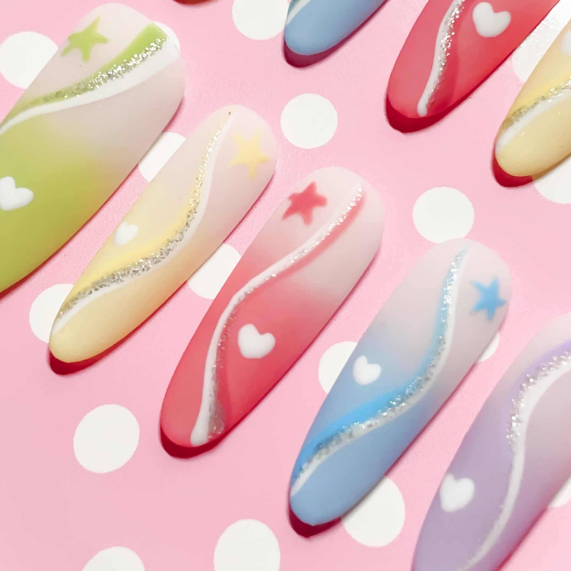long length multicolour oval press on nails with macaron colours