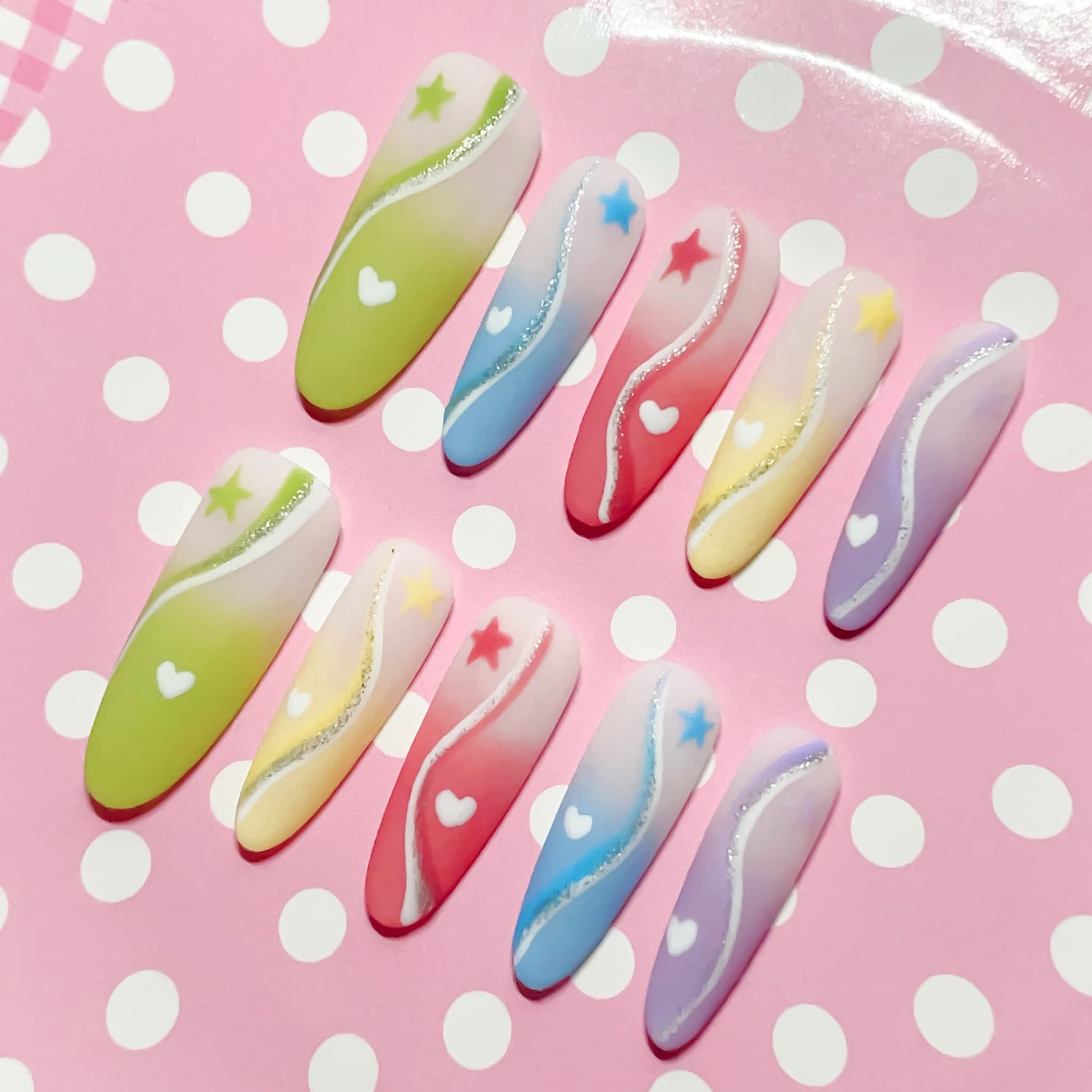 long length multicolour oval press on nails with macaron colours