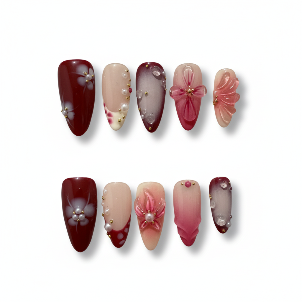 pearlcore dark red glossy medium almond press on nails with pearls and peony flowers motifs