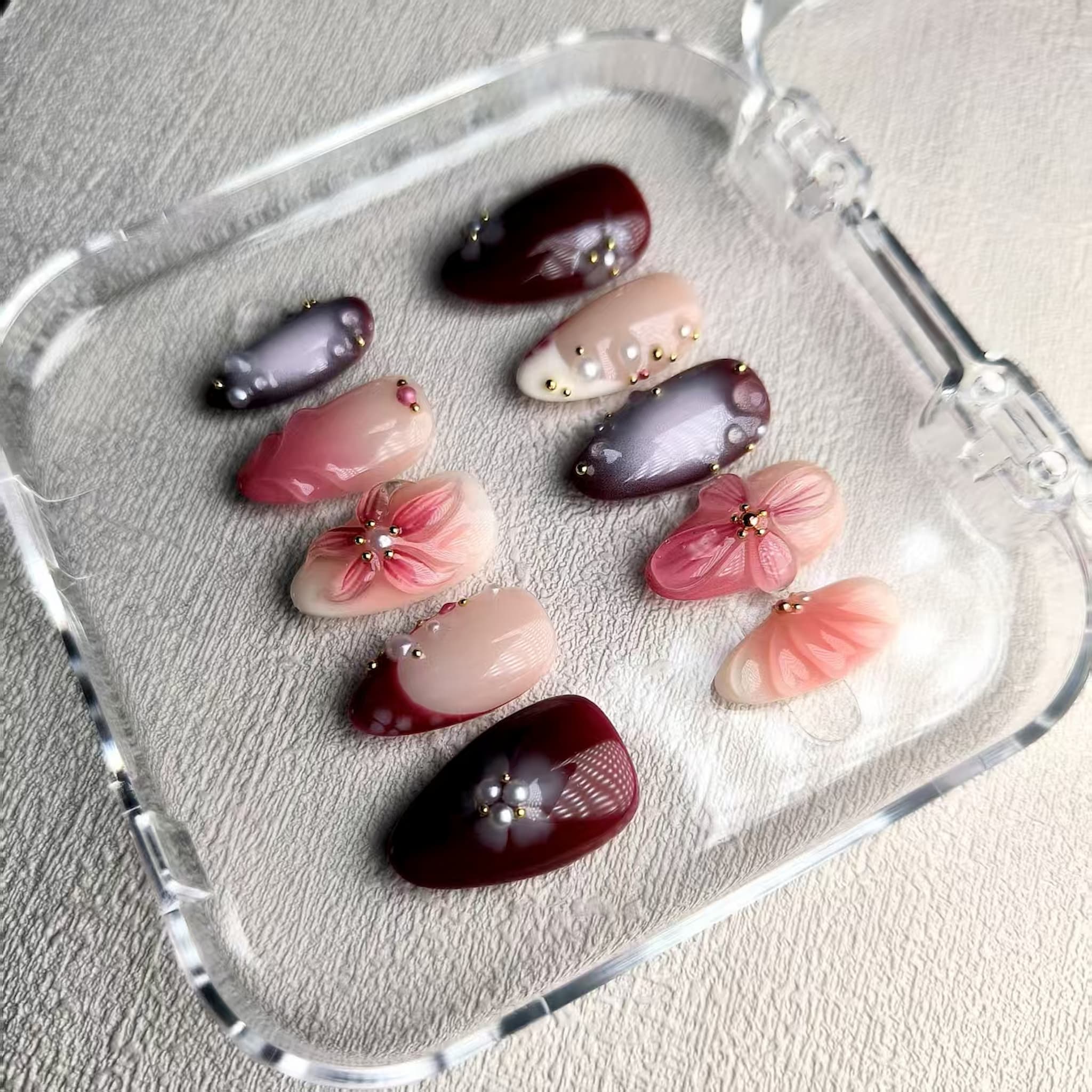 pearlcore dark red glossy short almond press on nails with pearls and peony flowers motifs