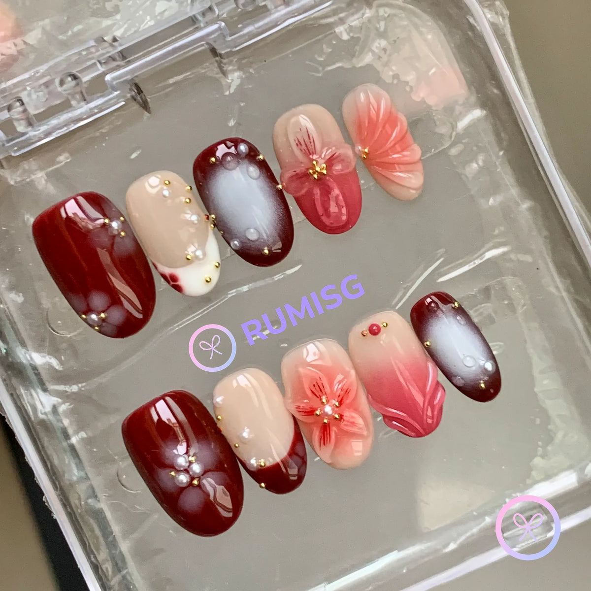 pearlcore red glossy 3d peony short oval press on nails with pearl