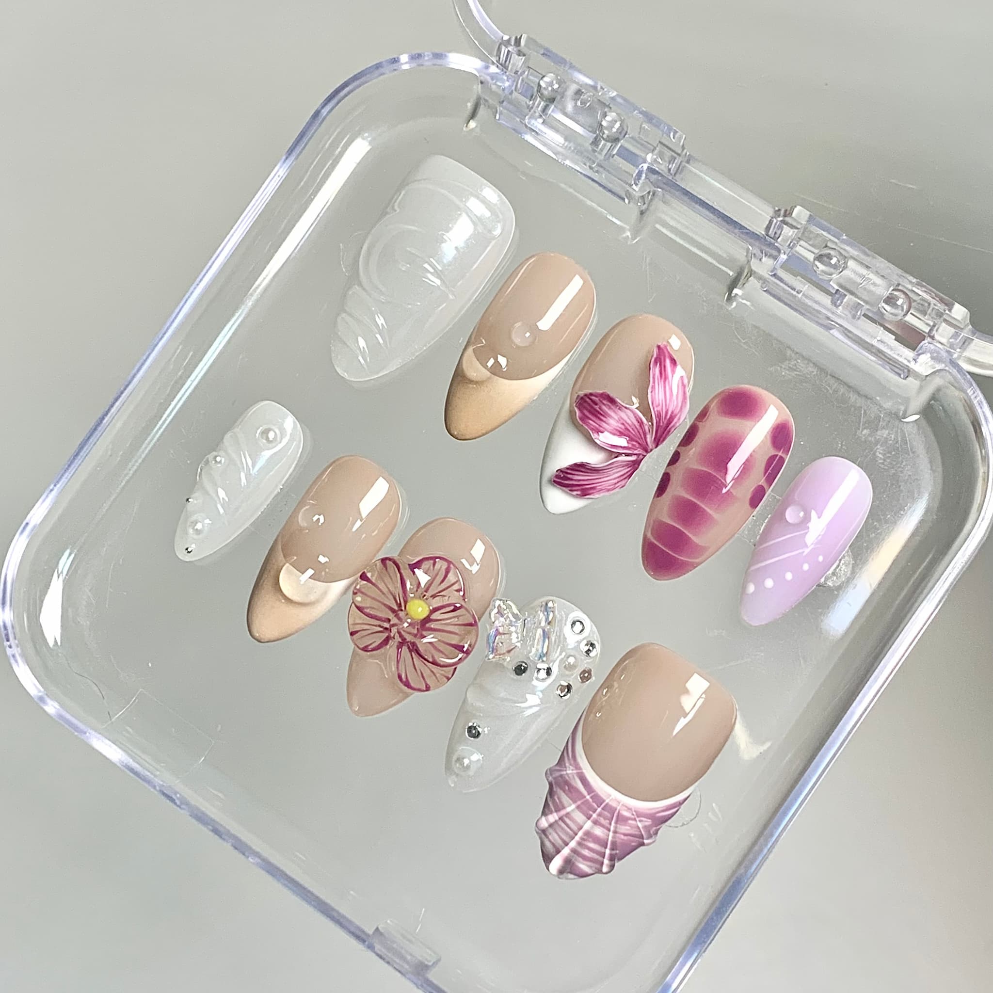 elegant nude orchid glossy almond press on nails