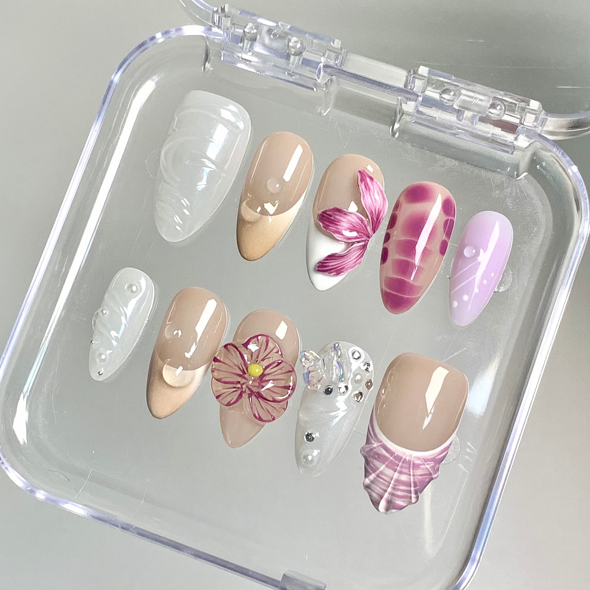 elegant nude orchid glossy medium almond press on nails