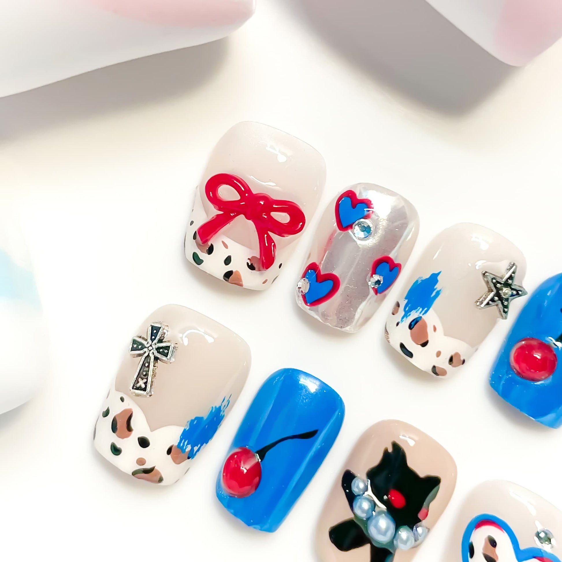 short length blue coffin press on nails with leopard design