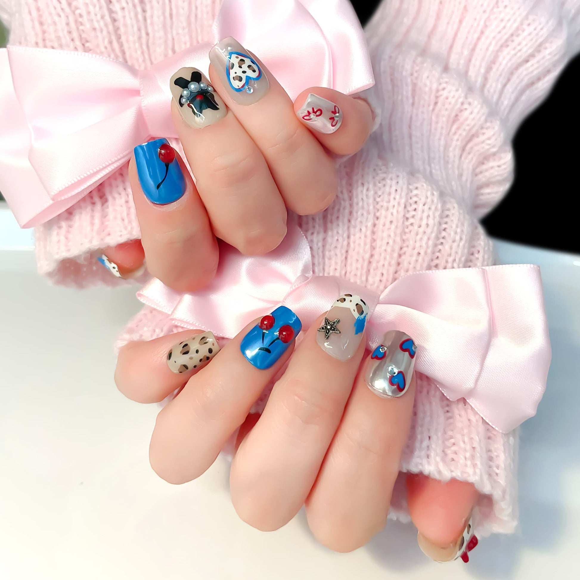 short length blue coffin press on nails with leopard design