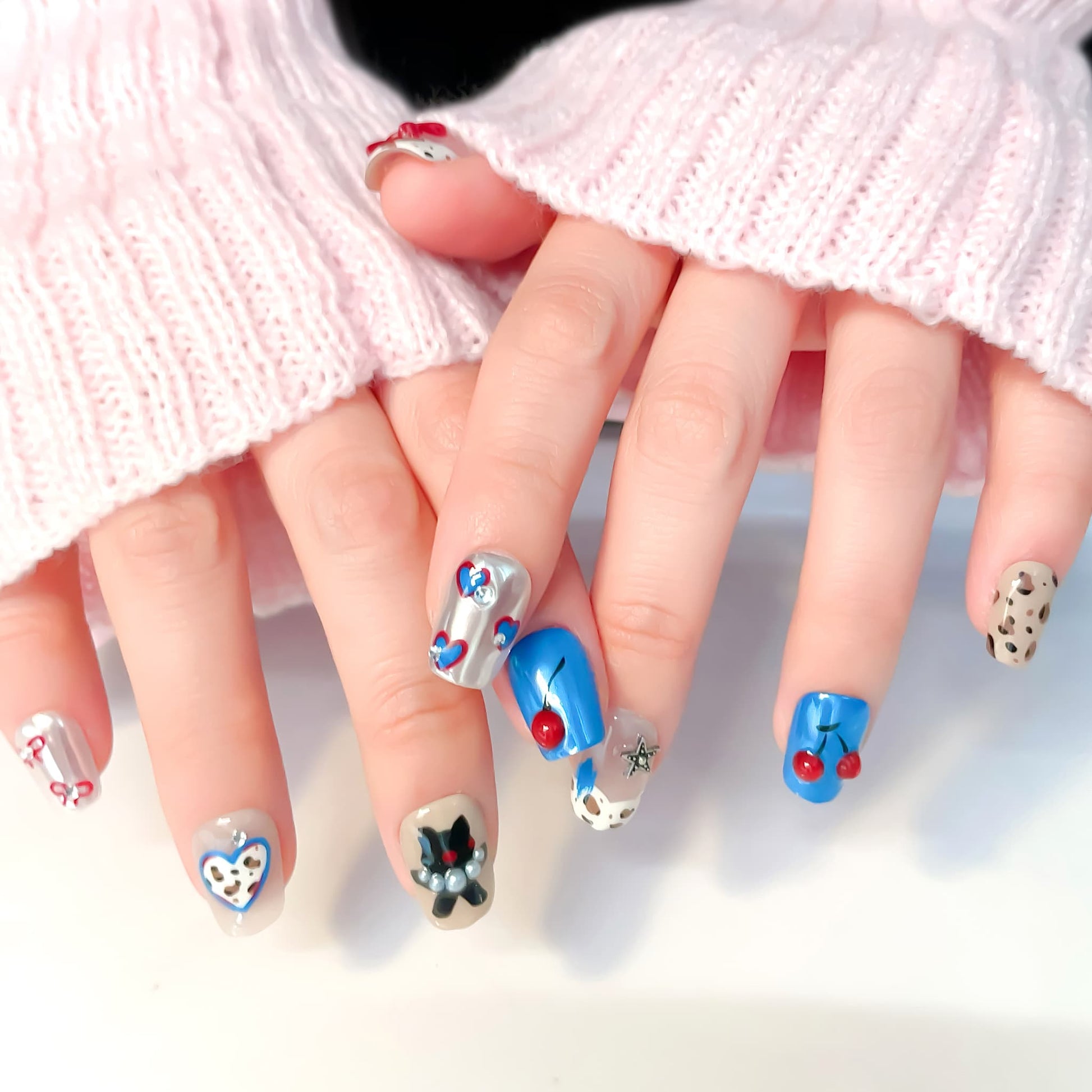 short length blue coffin press on nails with leopard design