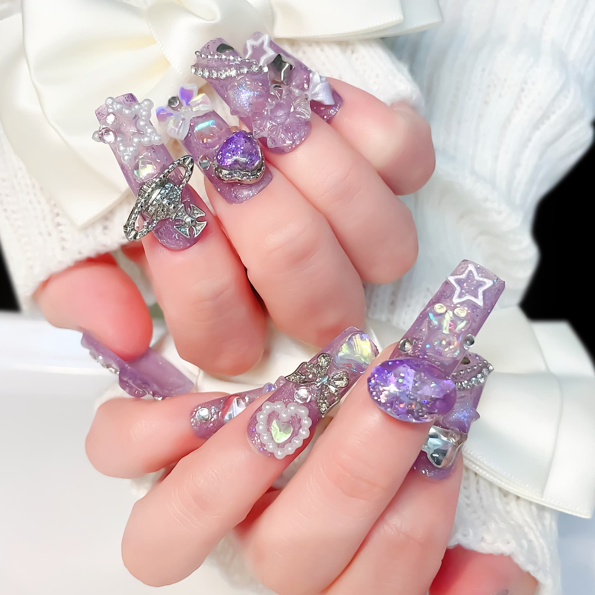 long length purple square press on nails with charms and pearls