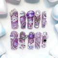 long length purple square press on nails with charms and pearls