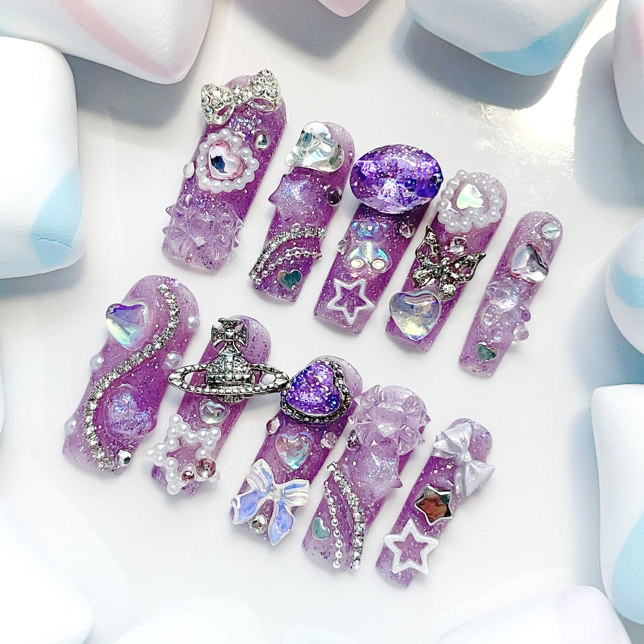 long length purple square press on nails with charms and pearls