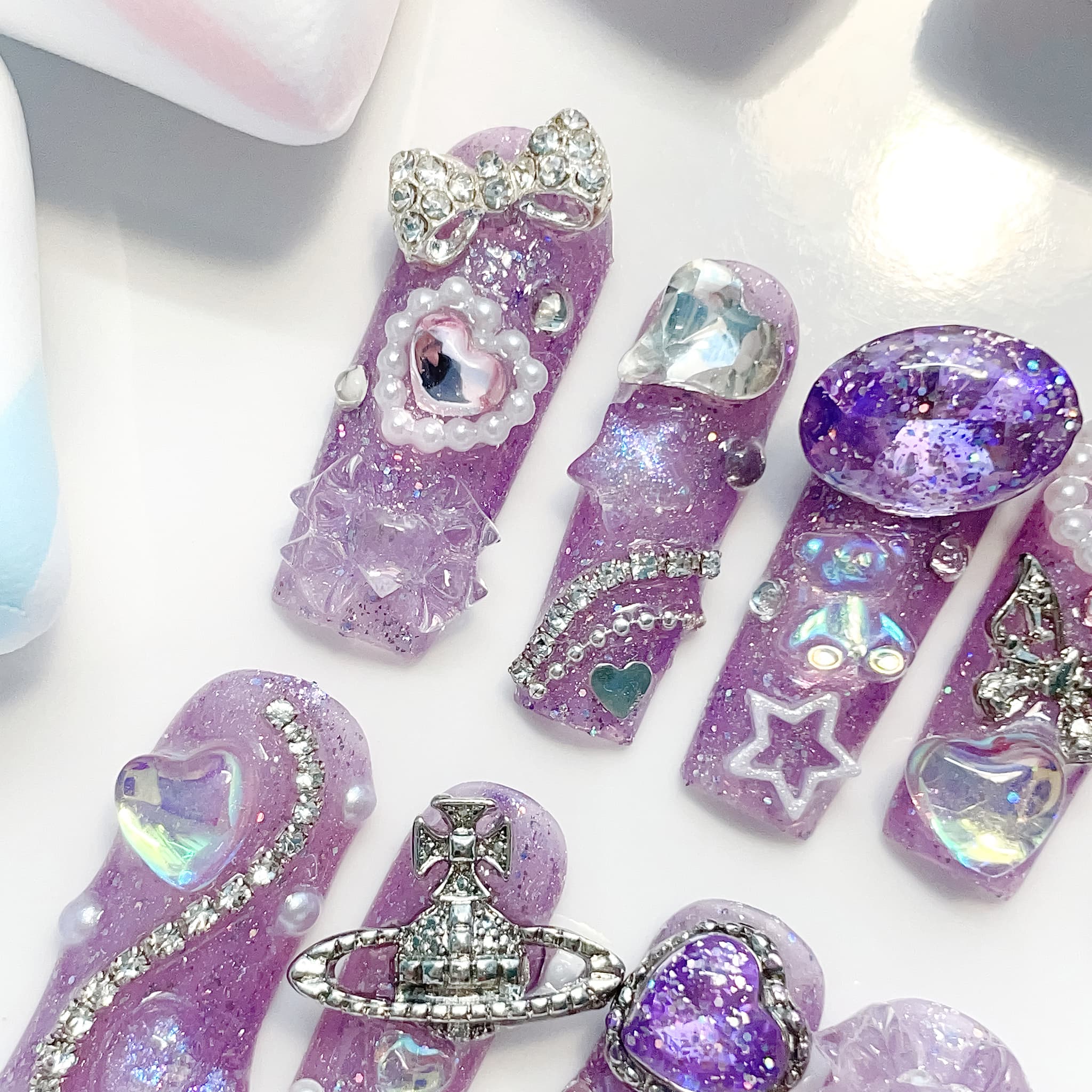 long length purple square press on nails with charms and pearls