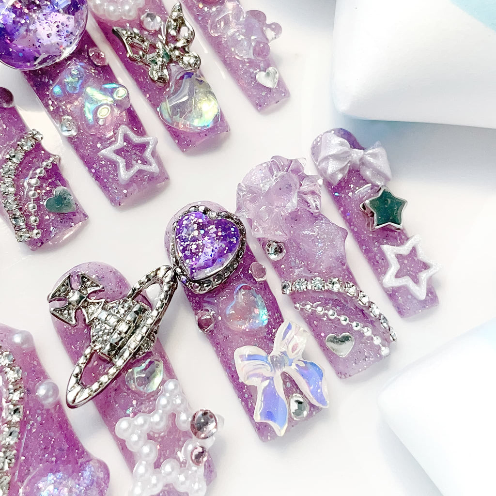 long length purple square press on nails with charms and pearls