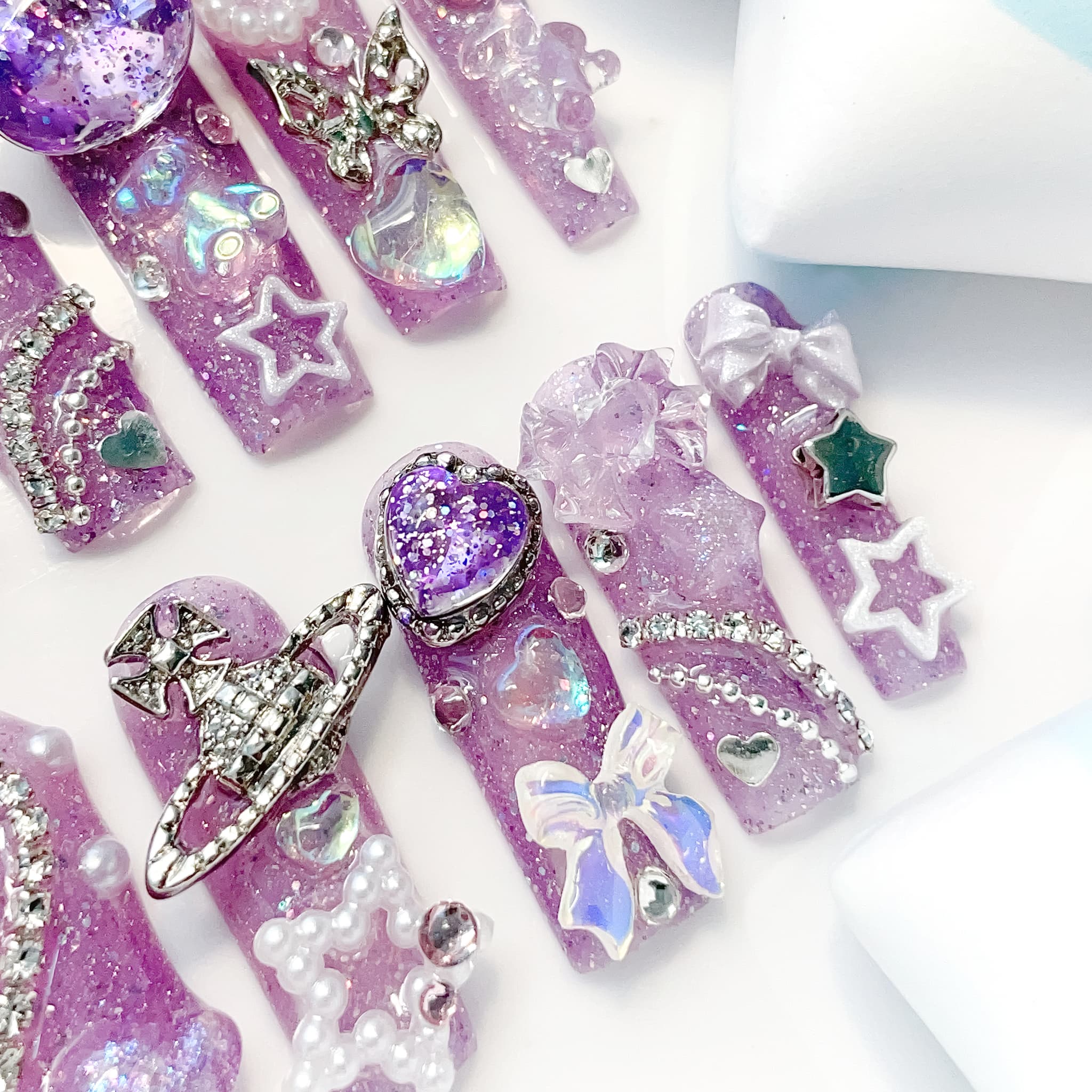 long length purple square press on nails with charms and pearls