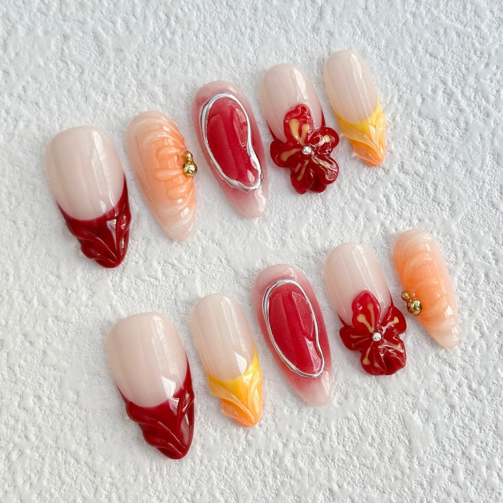 medium length fire brick almond press on nails with flower design
