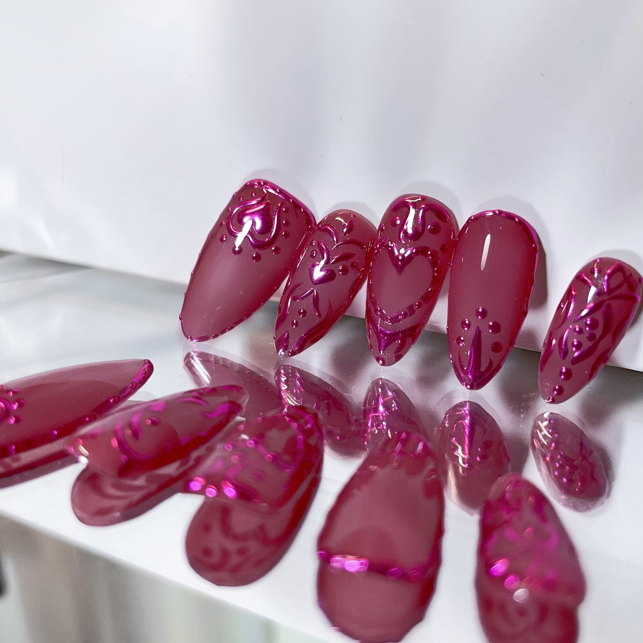 medium medium violet red press on nails with heart shape patterns