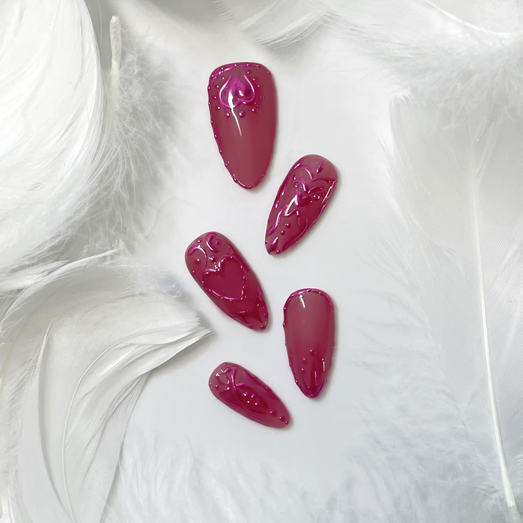 medium medium violet red press on nails with heart shape patterns