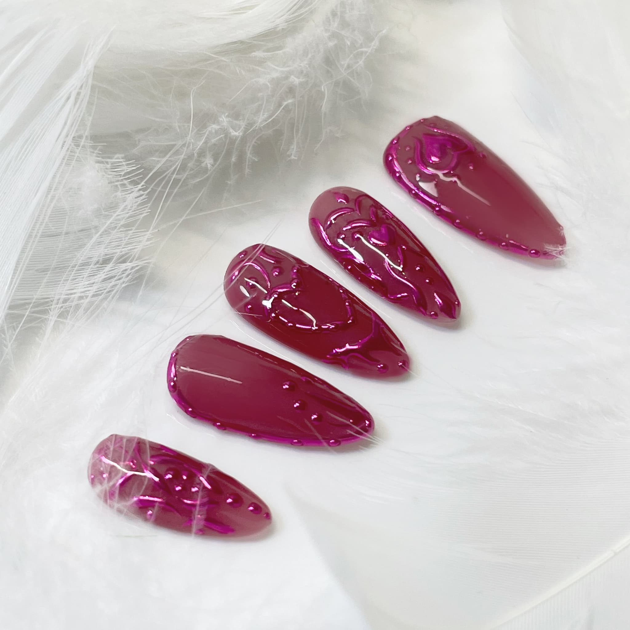 medium medium violet red press on nails with heart shape patterns