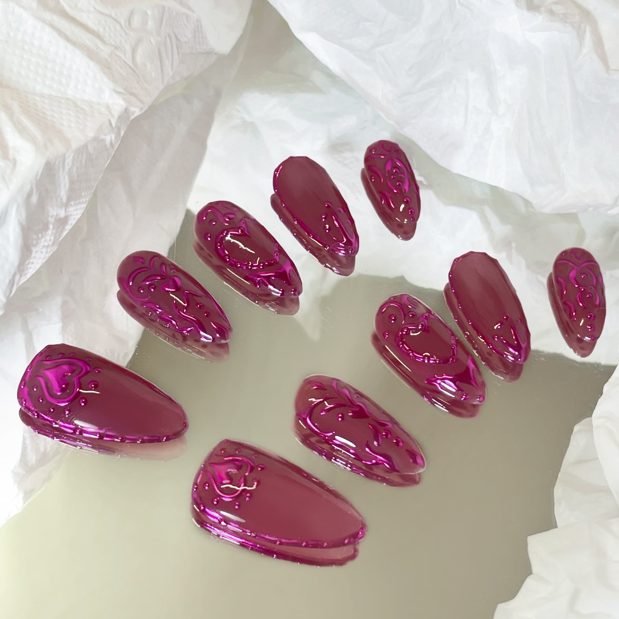 medium medium violet red press on nails with heart shape patterns