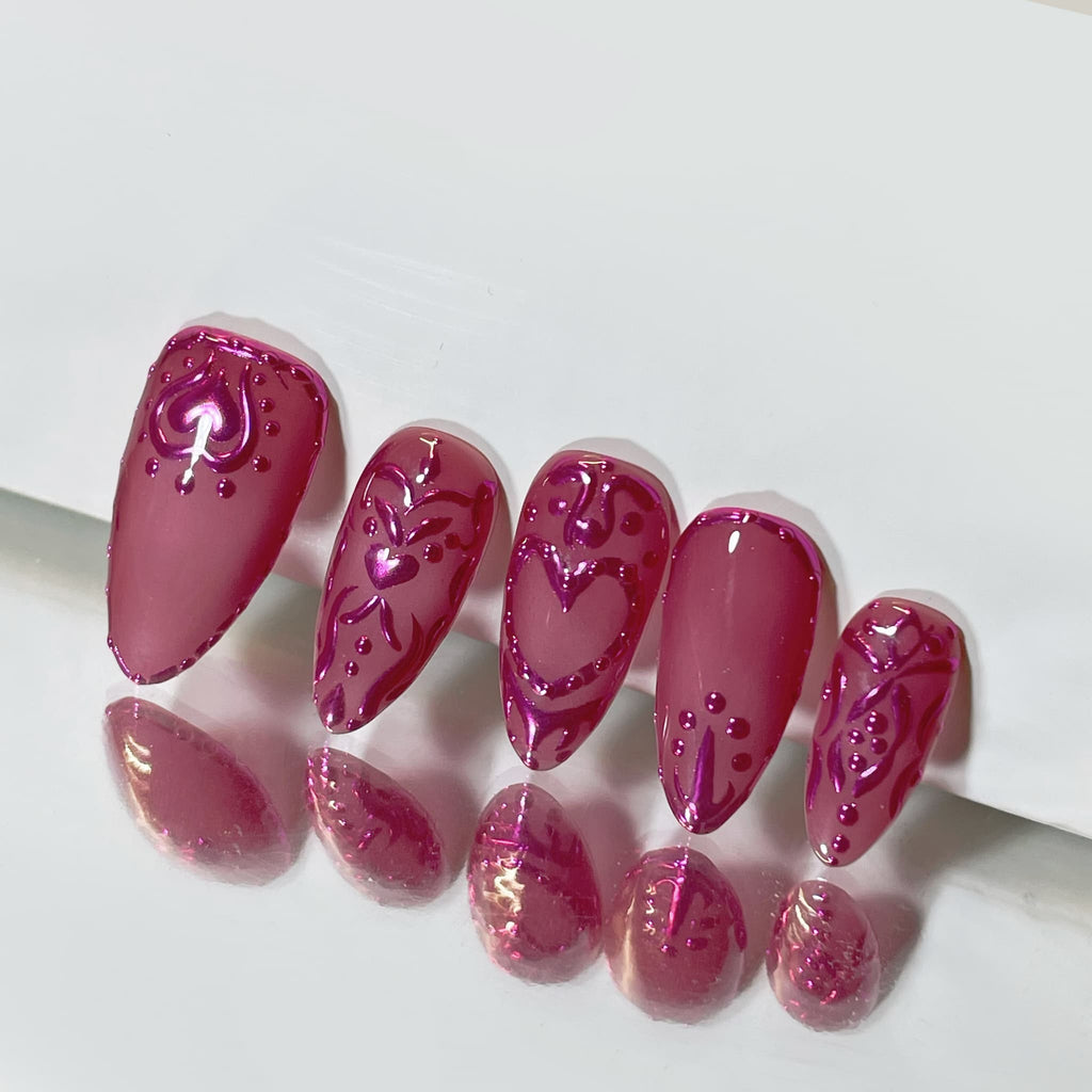 medium medium violet red press on nails with heart shape patterns