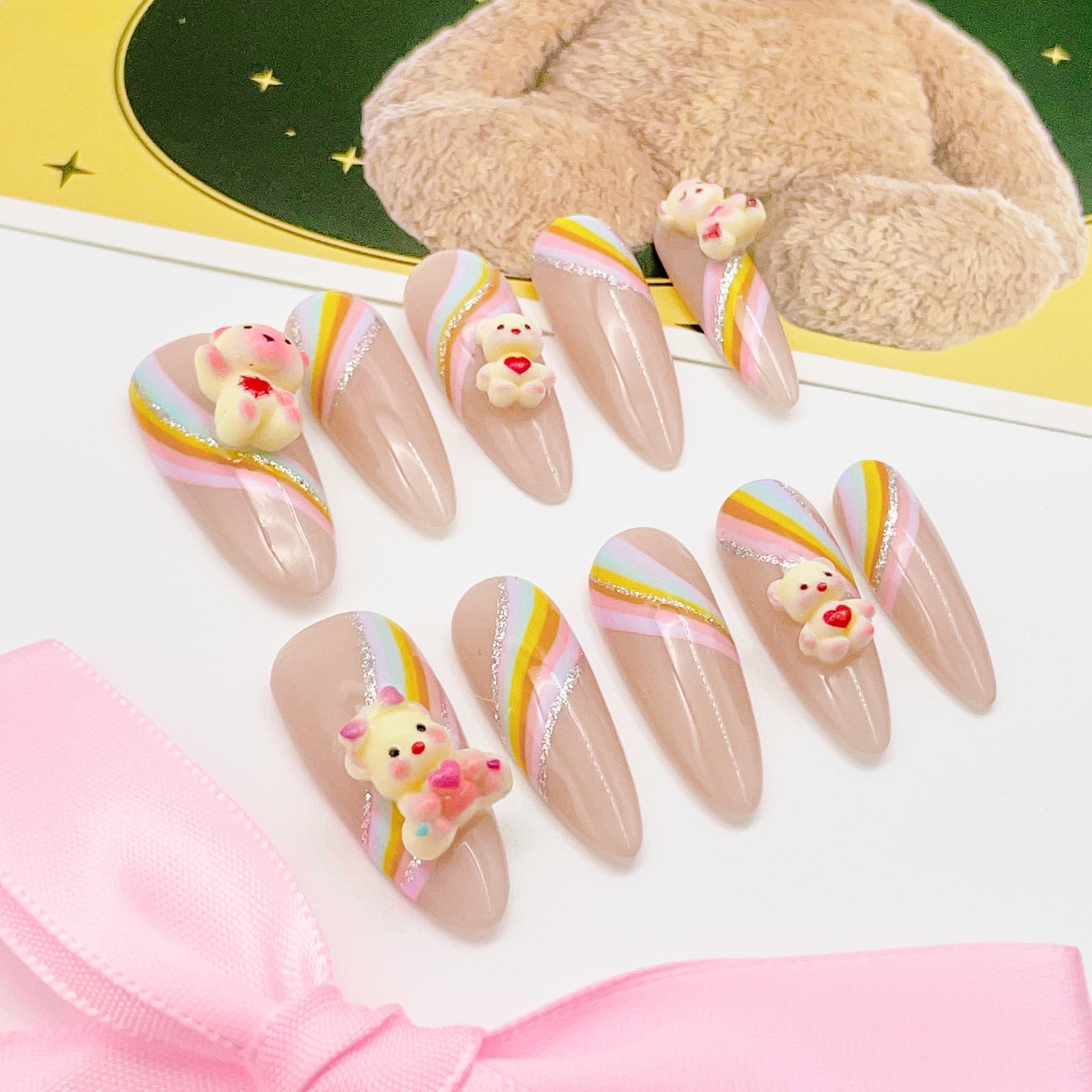 long length rainbow press on nails with teddy bear charm