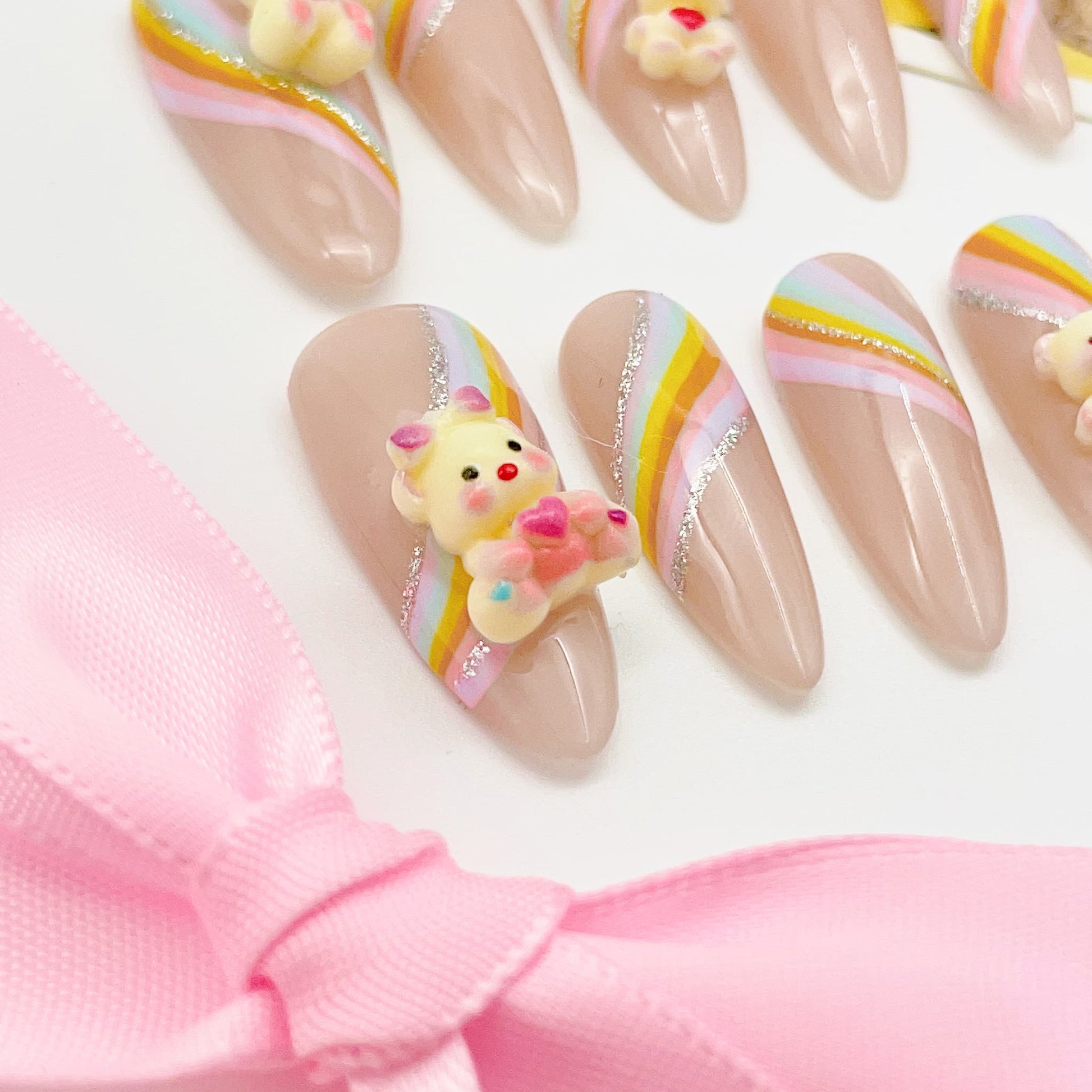 long length rainbow press on nails with teddy bear charm