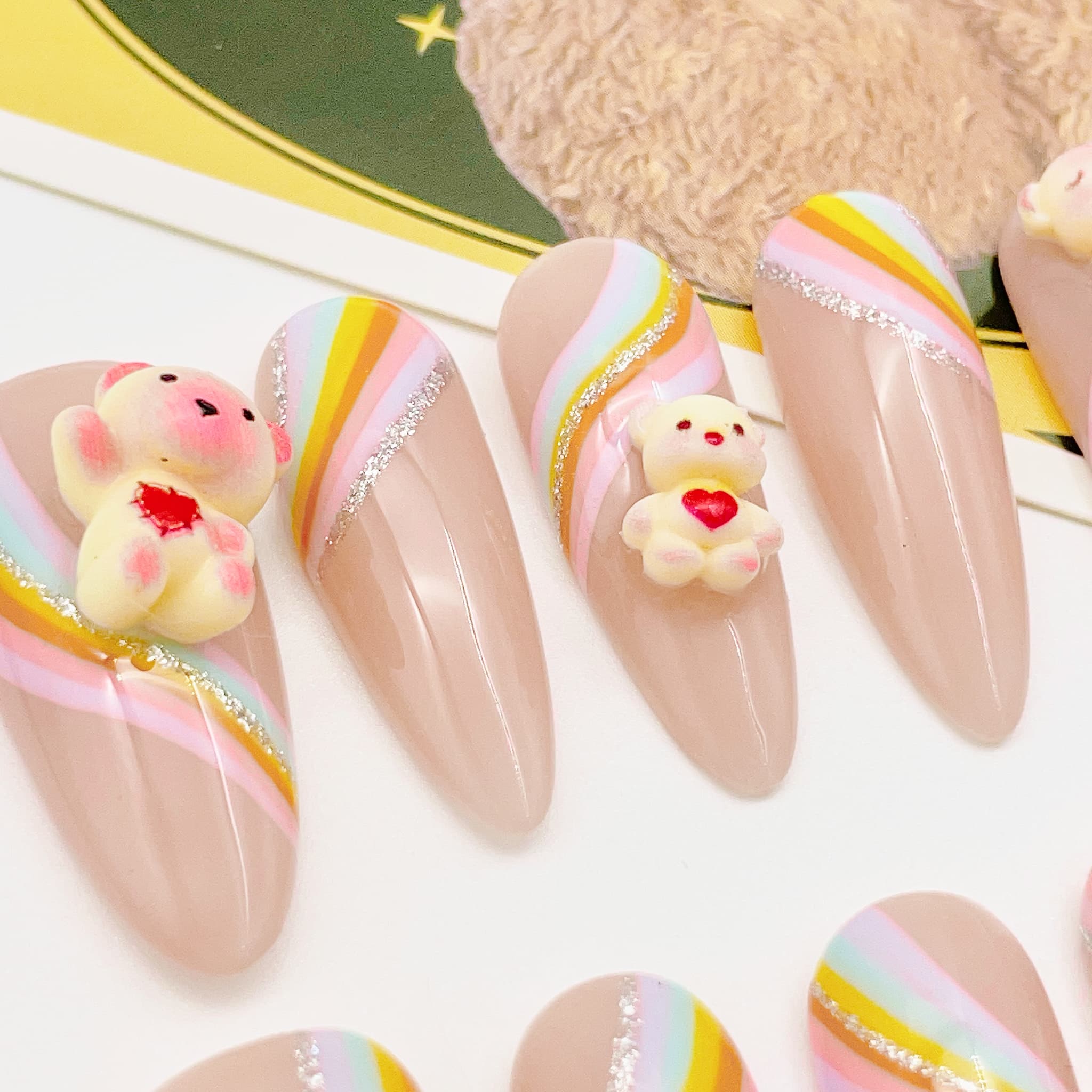 long length rainbow press on nails with teddy bear charm