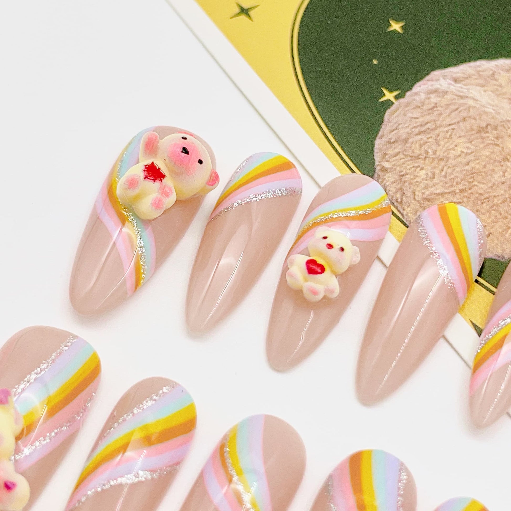 long length rainbow press on nails with teddy bear charm