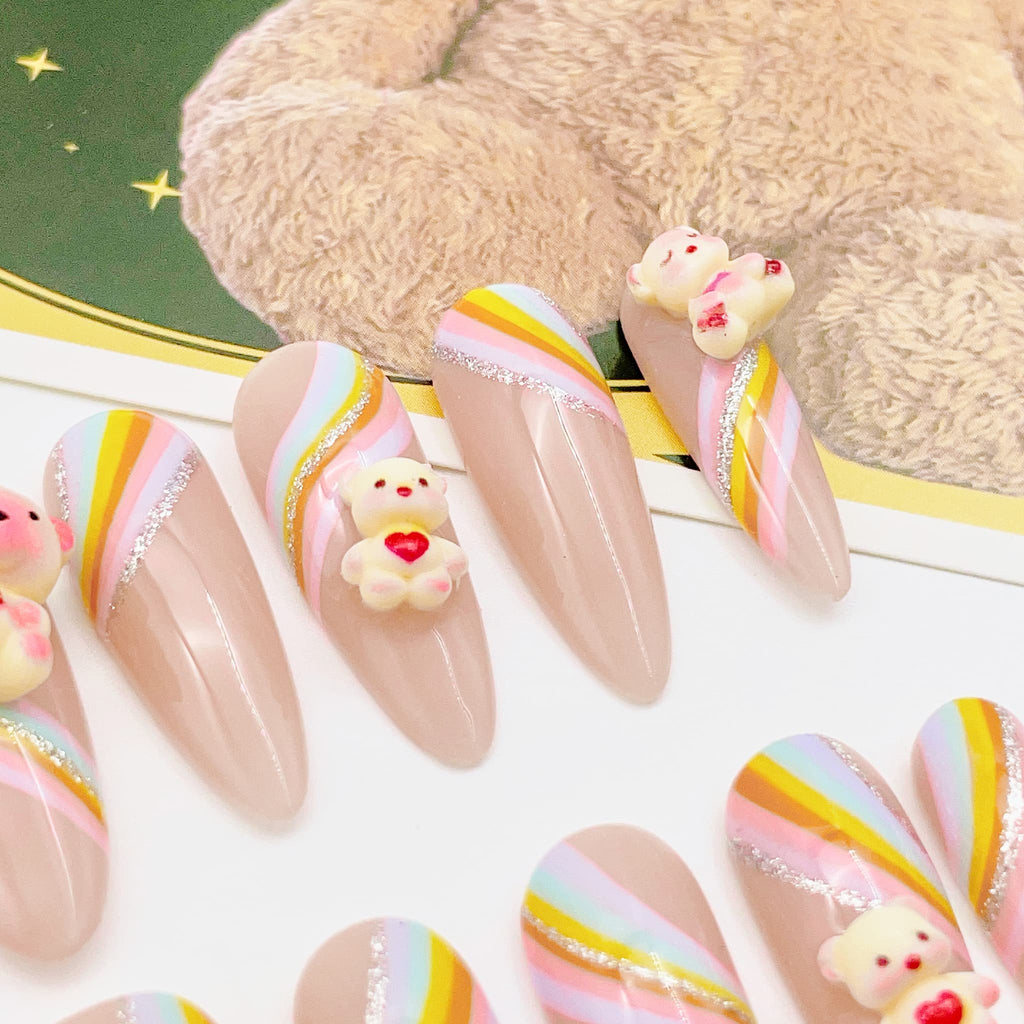 long length rainbow press on nails with teddy bear charm