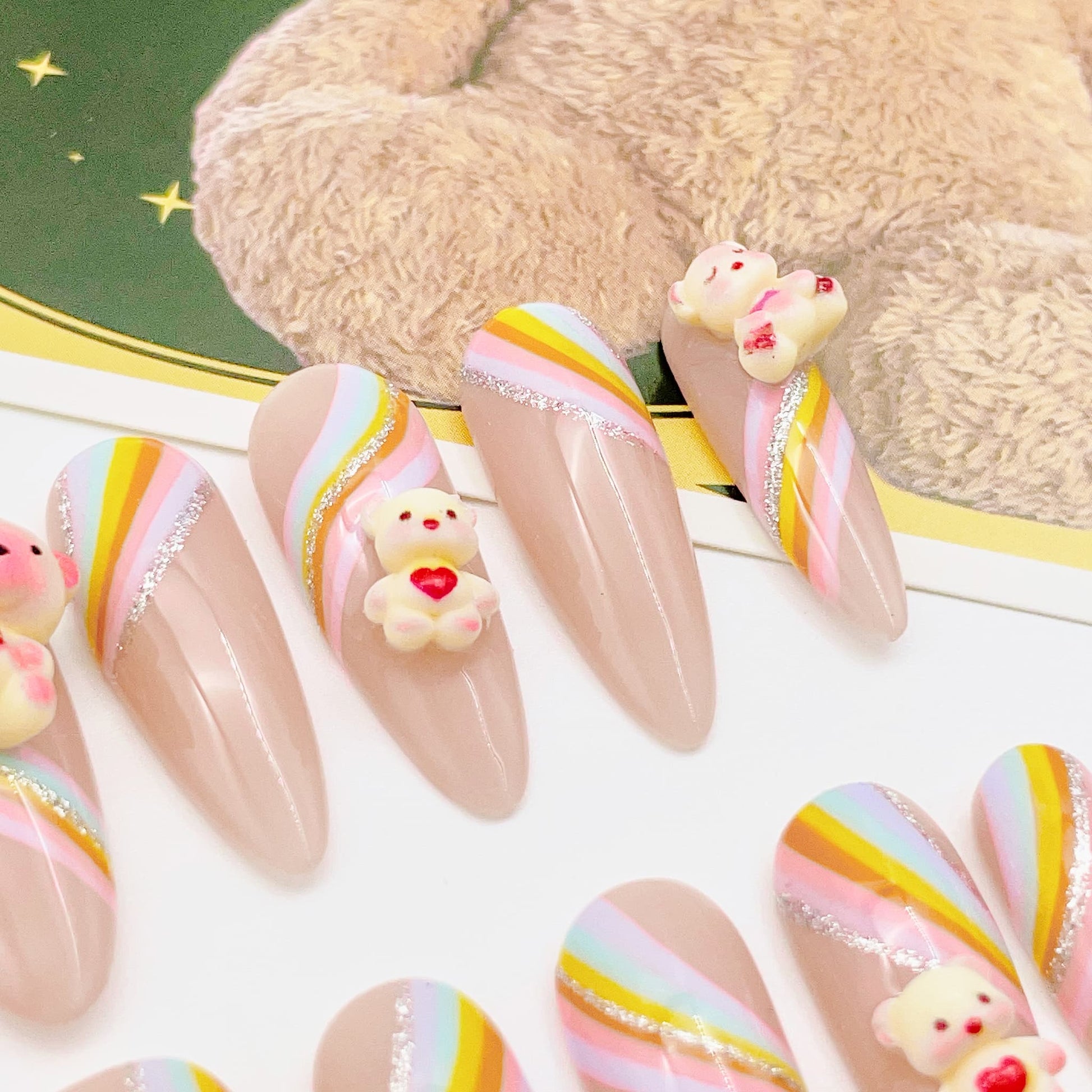 long length rainbow press on nails with teddy bear charm