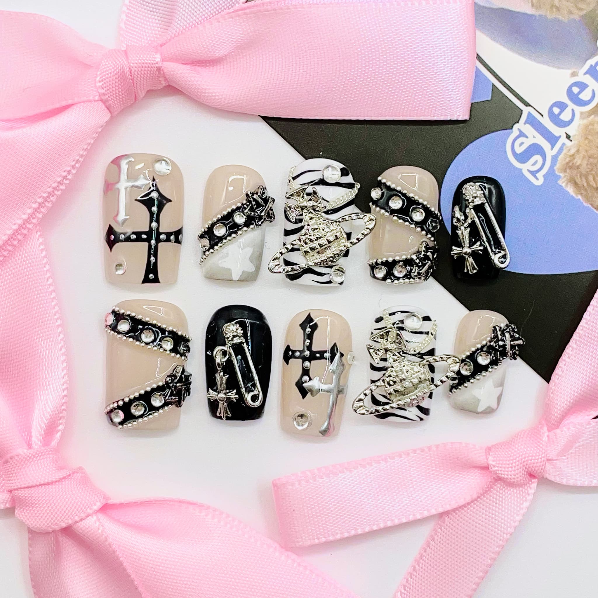 medium length silver square press on nails with gothic designs